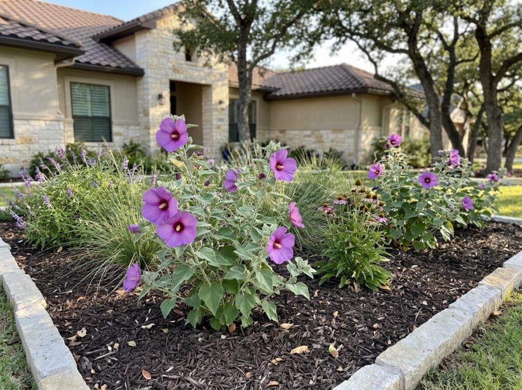 Wooly Rosemallow perennial with large pale pink hibiscus-like blooms and green leaves in a pot.