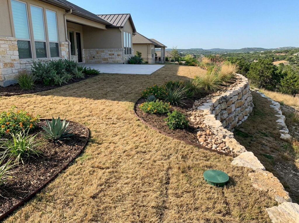 Yard Drain drainage grate set in lawn near patio, collecting surface runoff into buried pipe.