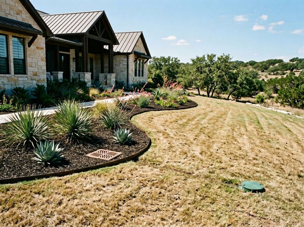 Yard Drain drainage catch basin with a grated top installed flush in the lawn beside a landscaped edge.