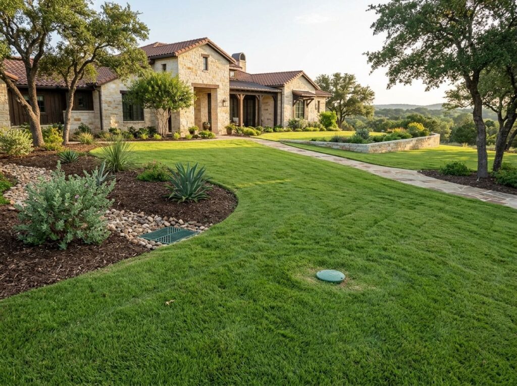 Yard Drain drainage system with round grate set in lawn near patio, collecting surface water runoff.