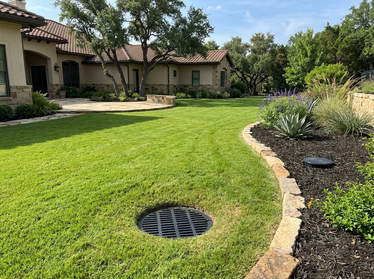 Yard Drain Popup Combo drainage emitter installed in lawn, black pop-up cap at grade with slight slope.