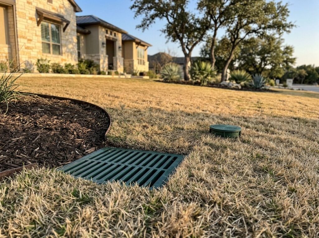 Yard Drain Popup Combo drainage outlet with green pop-up emitter set in lawn, connected to corrugated pipe.