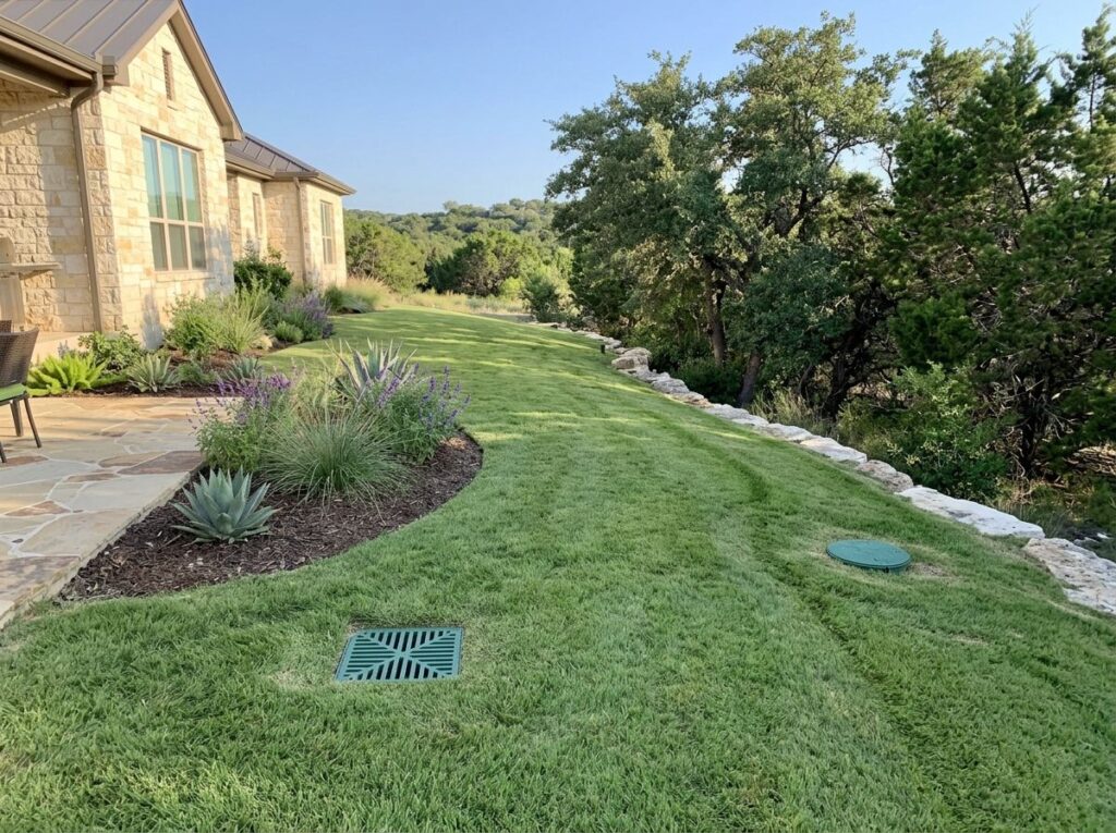 Yard Drain Popup Combo drainage outlet with pop-up emitter installed in lawn beside a mulched landscaping bed.