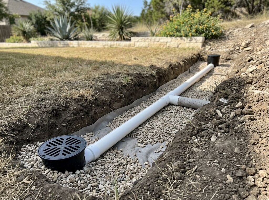 Yard Drain Popup Combo drainage kit with green pop-up emitter and pipe set on grass beside a mulched bed.