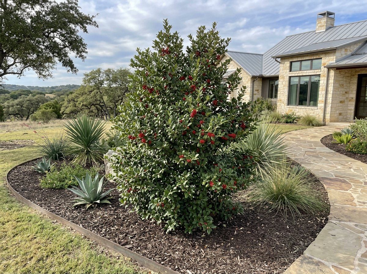 Yaupon Holly shrub with dense glossy green leaves in a landscape planting.