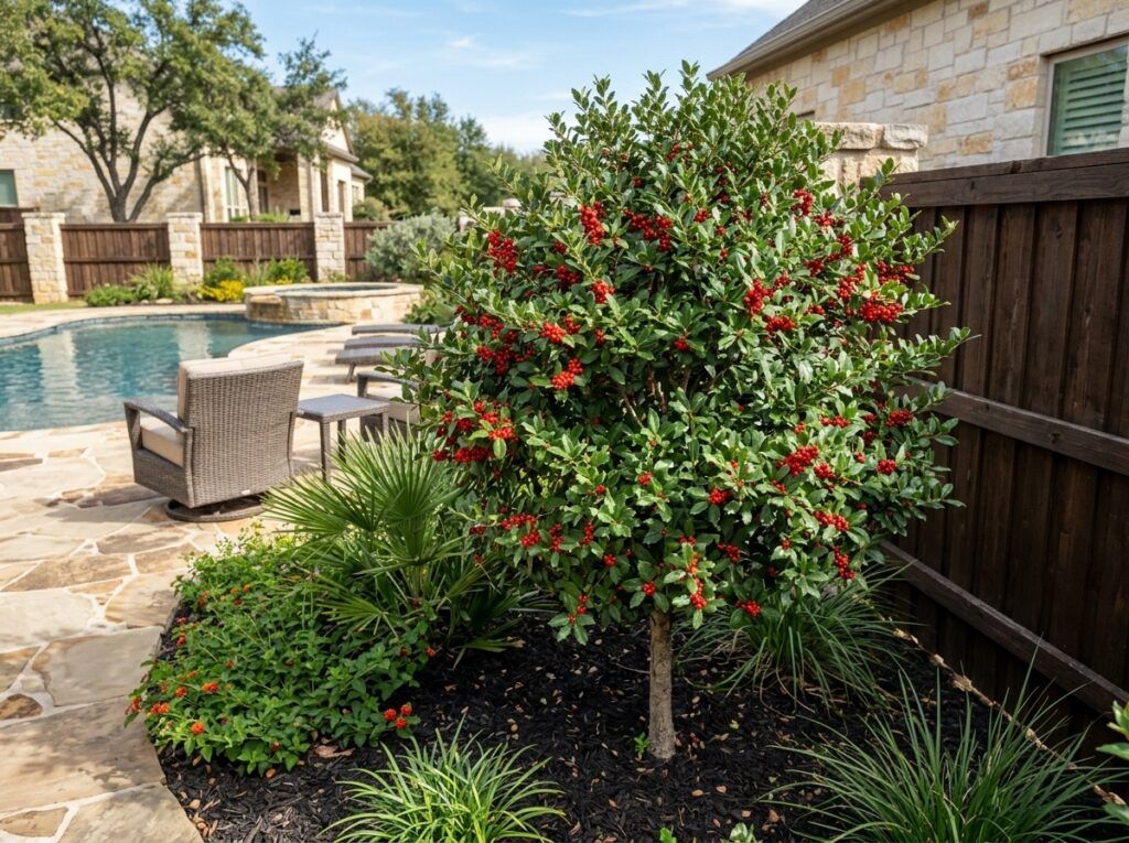 Yaupon Holly shrub in a black nursery pot with dense green foliage and multiple upright stems.
