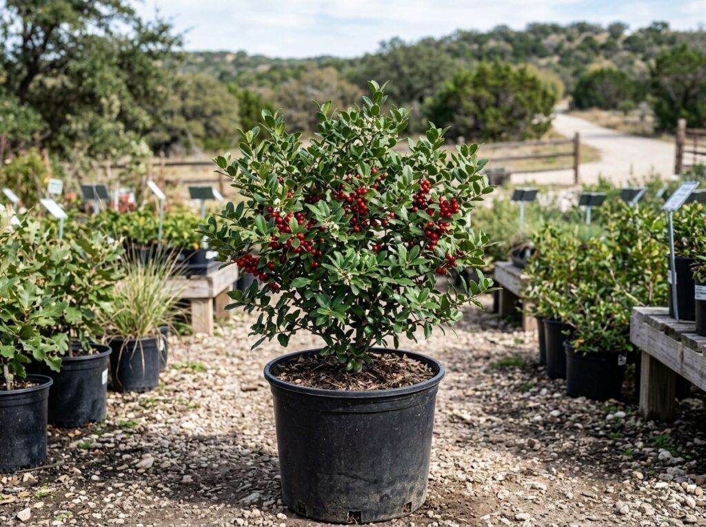 Yaupon Holly shrub in a nursery container with dense, glossy green foliage.