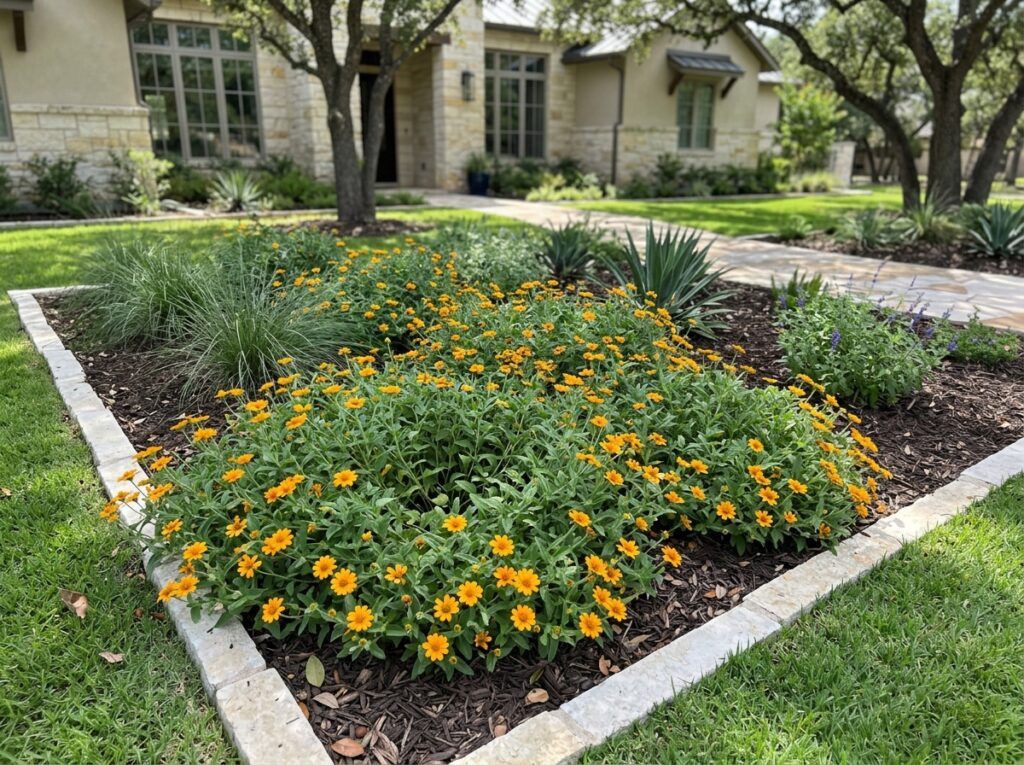 Zexmenia perennial with bright yellow daisy-like blooms and green foliage in a container