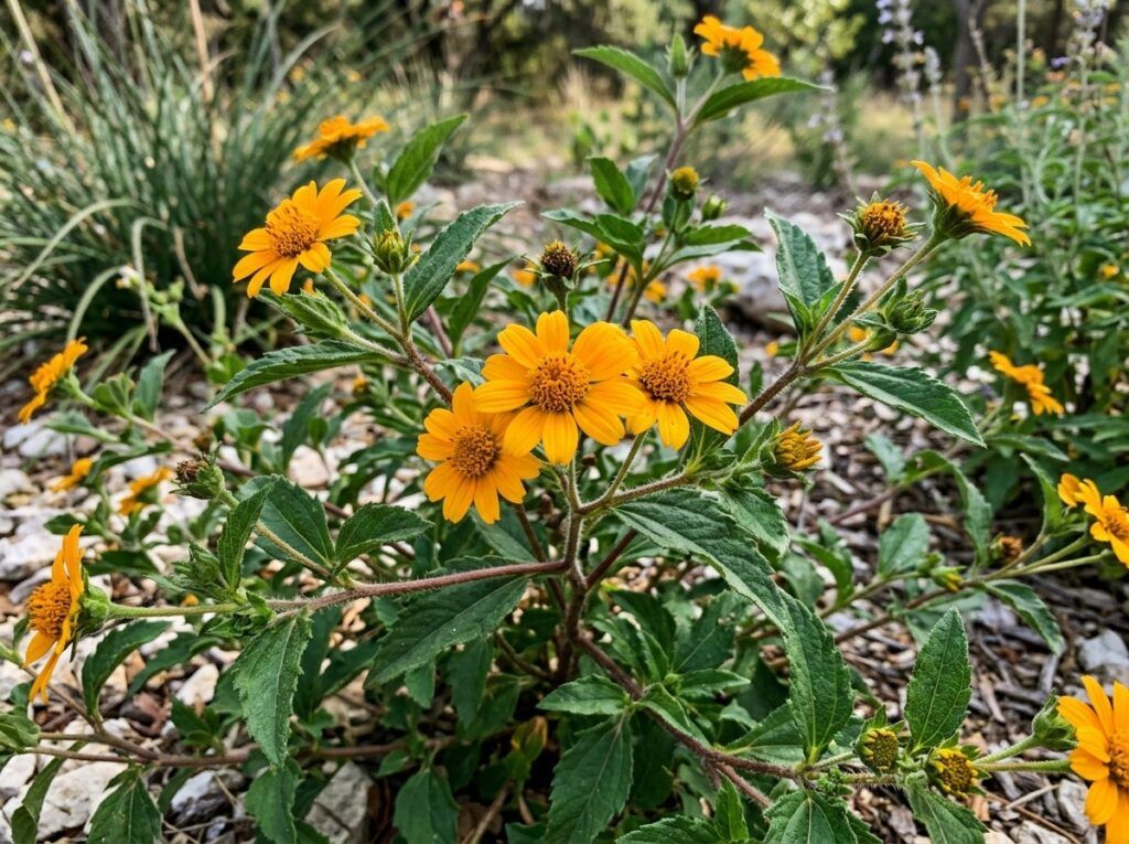 Zexmenia perennial in a pot with green foliage and small yellow daisy flowers.