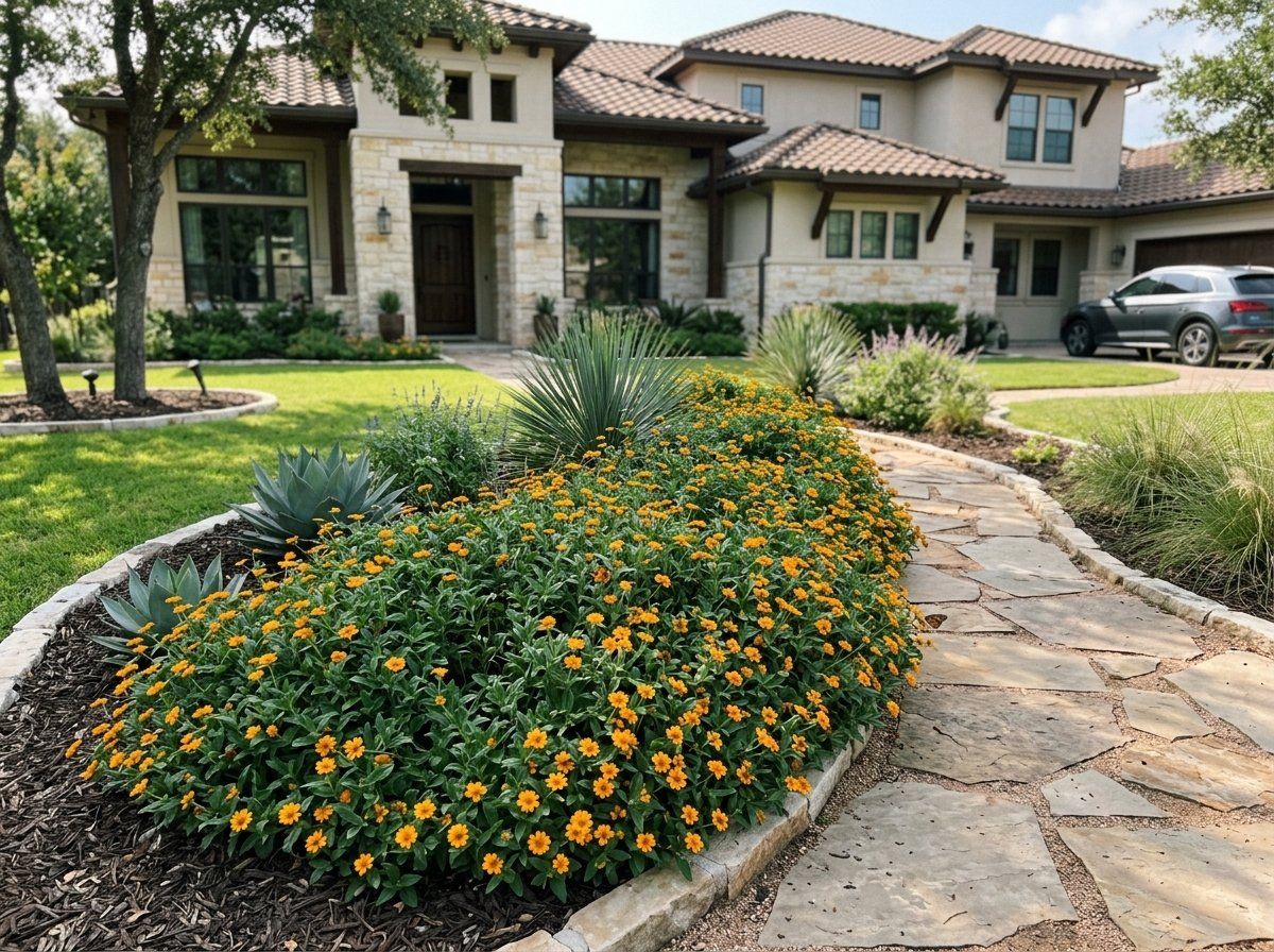 Zexmenia perennial with bright yellow daisy flowers and dense green foliage growing in a garden bed.