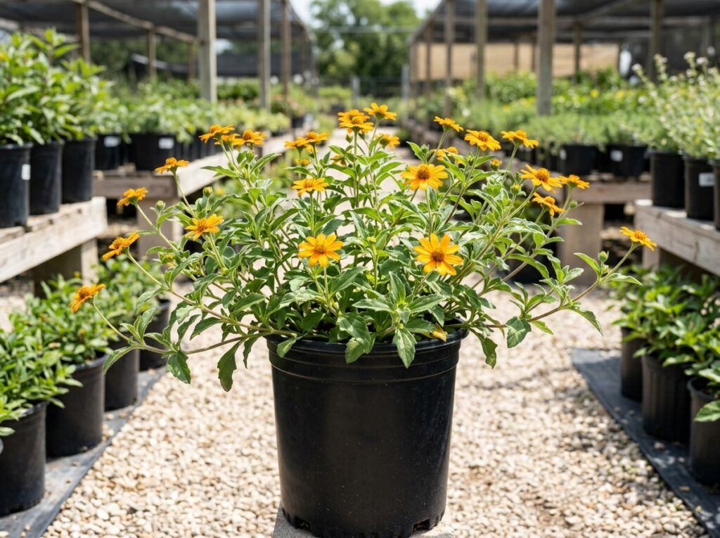 Zexmenia perennial with bright yellow daisy-like blooms and dense green foliage in a nursery container.