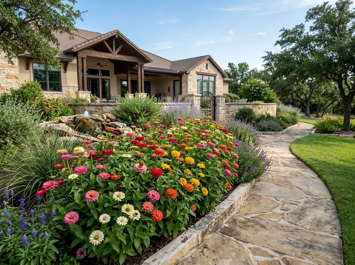 Zinnia in bloom with bright pink and orange daisy-like flowers above lush green foliage in a garden bed.