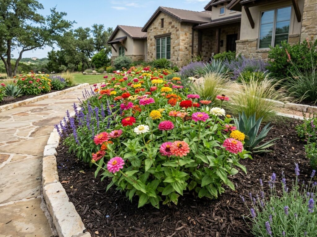 Zinnia in bloom with colorful daisy-like flowers and dense green foliage filling the plant.