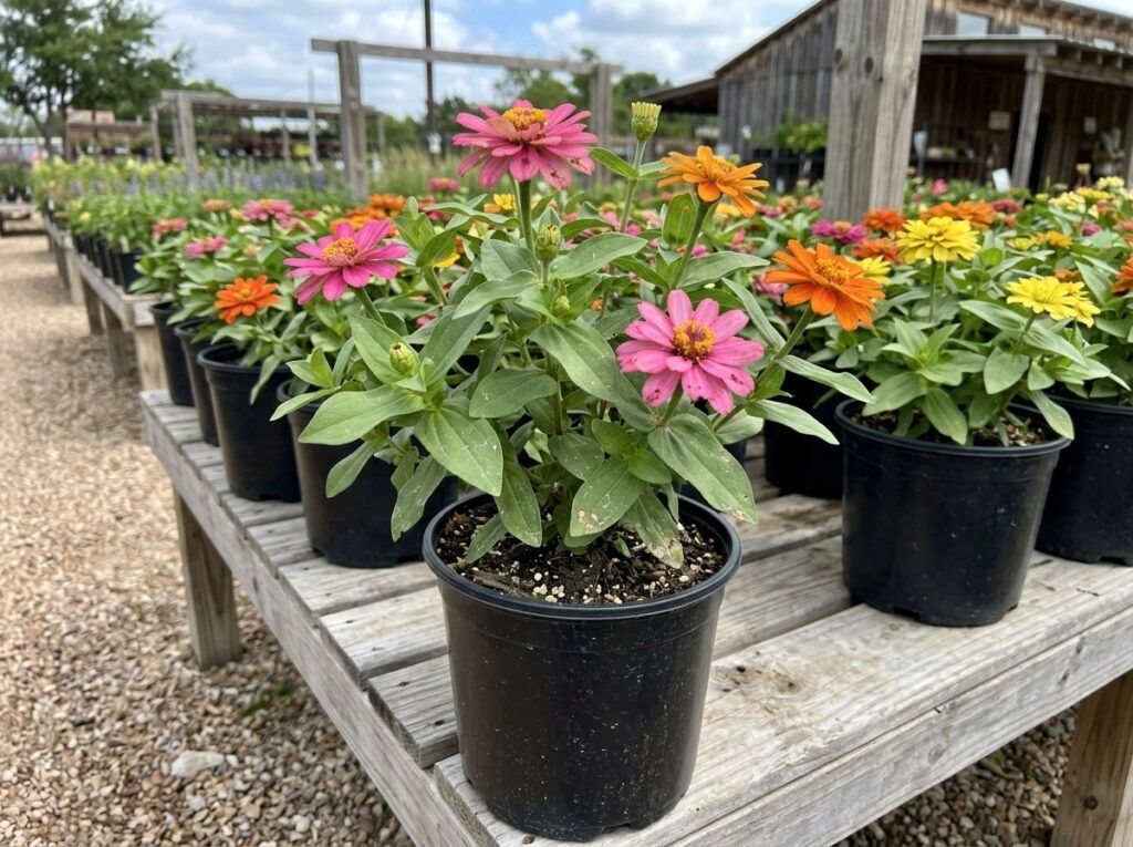 Zinnia in a container with vibrant pink and orange blooms above dense green foliage.