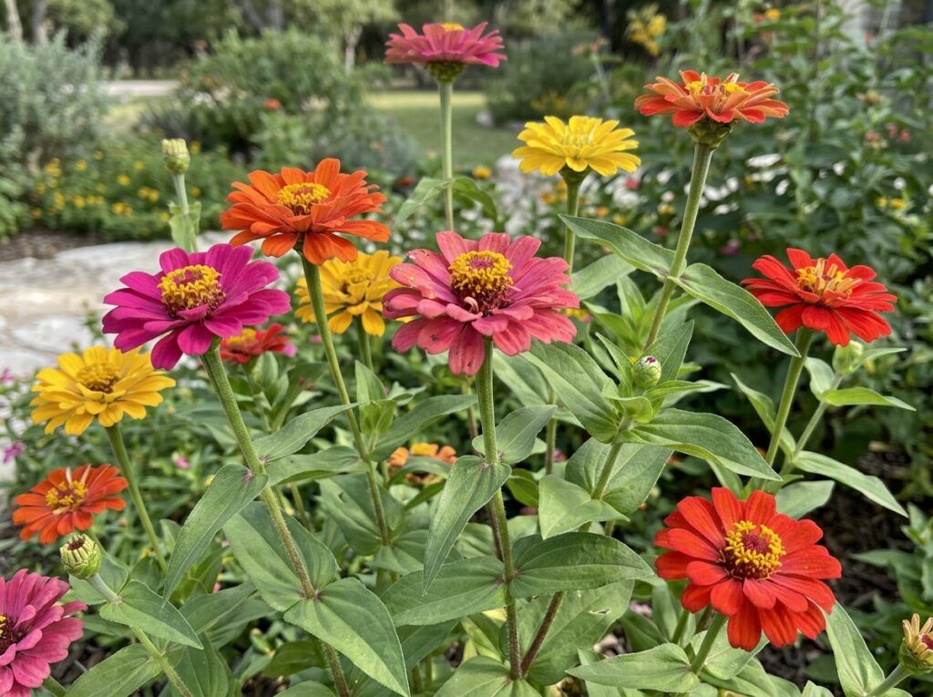 Zinnia flowering plant in a nursery pot, with bright pink blooms and green foliage.