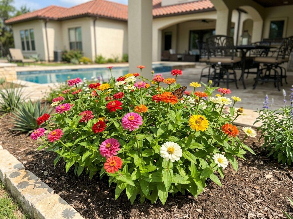 Zinnia plant with bright pink blooms and fresh green foliage in close-up.