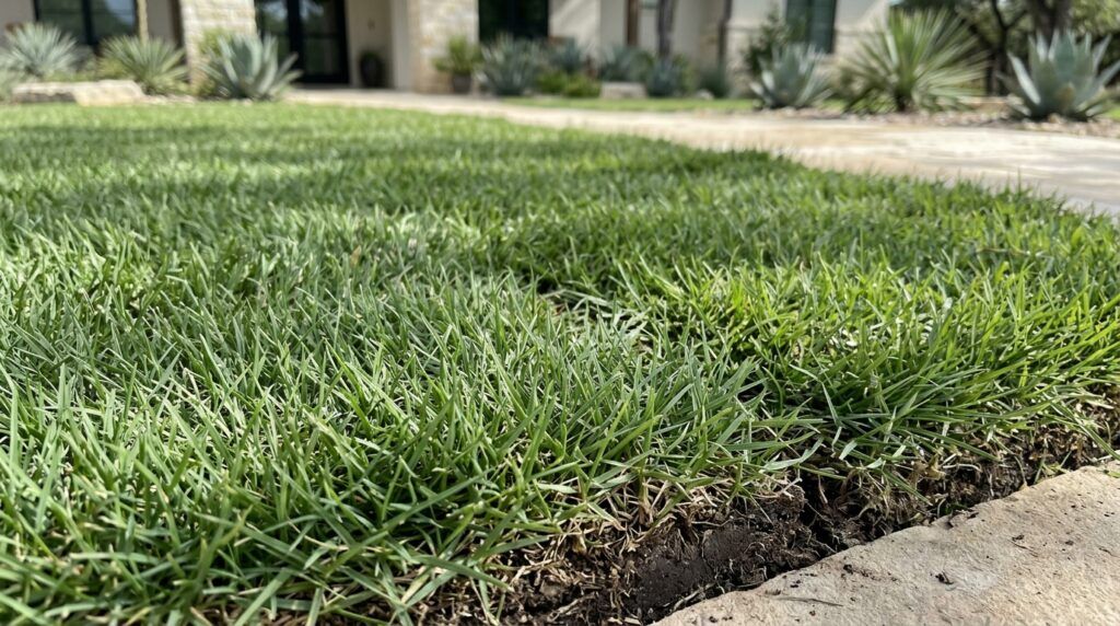 Zoysia Cavalier sod close-up showing dense fine-bladed green turf on freshly laid sod rolls.