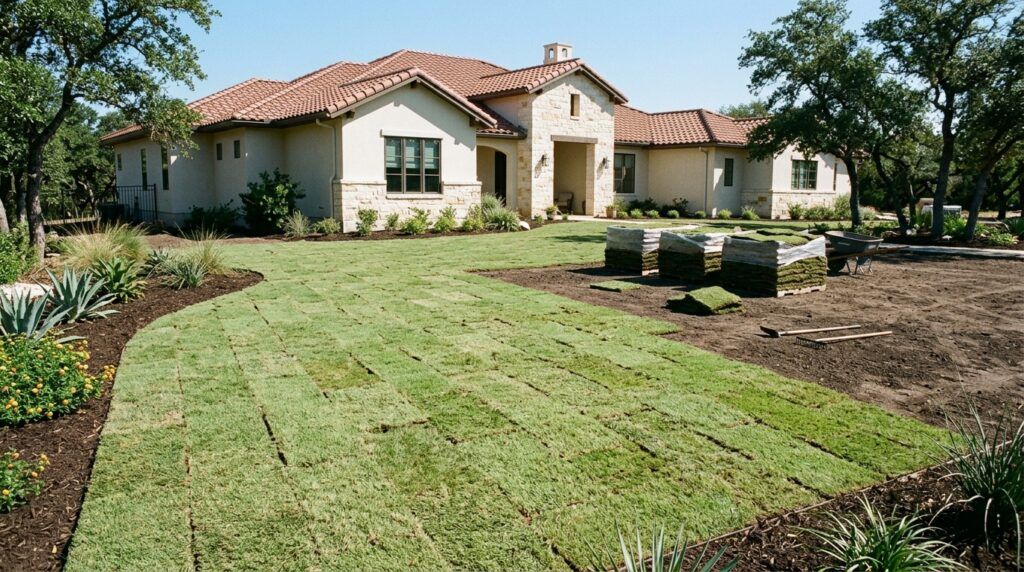 Zoysia El Toro sod rolls stacked on a pallet, showing dense, vibrant green blades ready for installation.