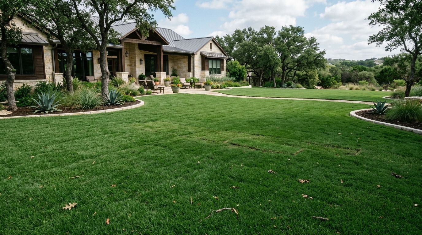 Zoysia Emerald sod installed as a dense, fine-bladed green lawn with tight seams across a sunny yard.