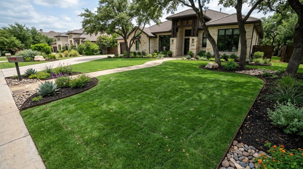 Zoysia Emerald sod rolls freshly laid in neat seams, showing dense emerald-green turf.