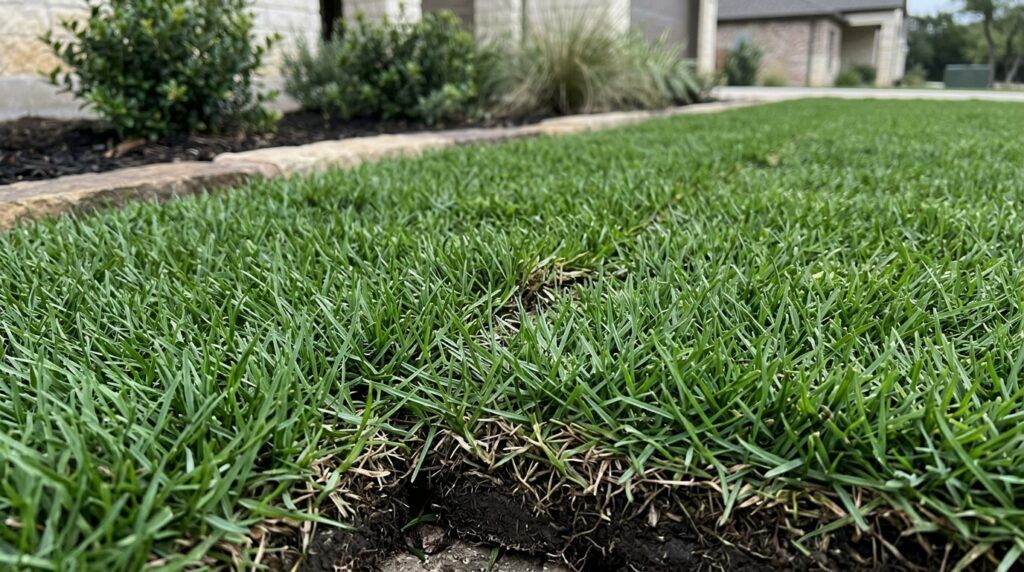 Zoysia Emerald sod rolls stacked on a pallet, showing dense green blades and fresh-cut edges.