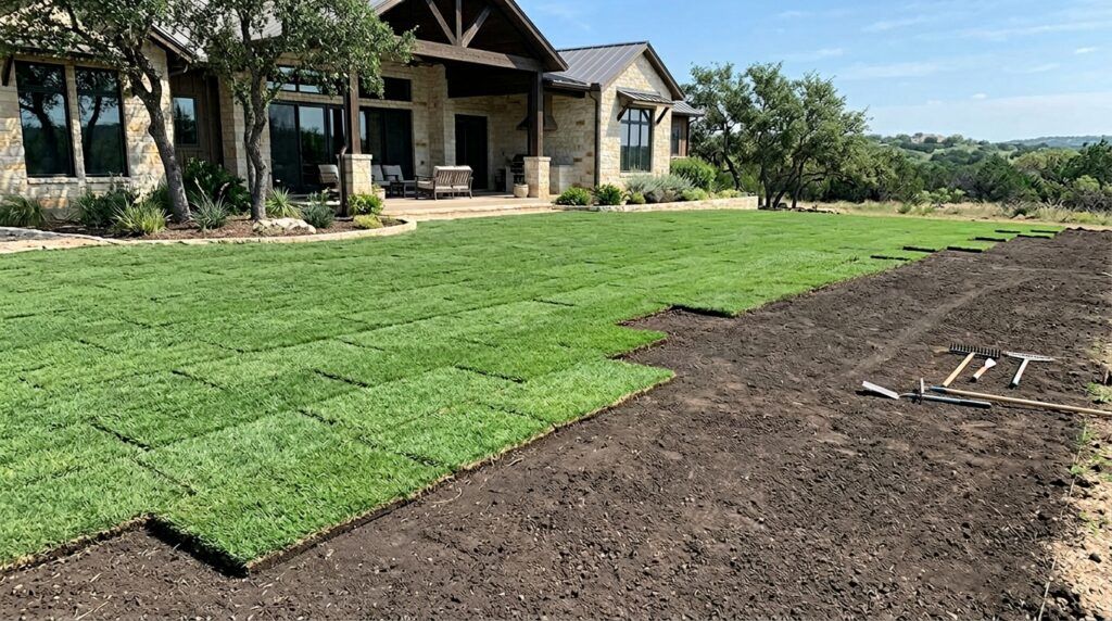 Zoysia Emerald sod rolls stacked on pallet, showing dense green blades and fresh-cut edges.