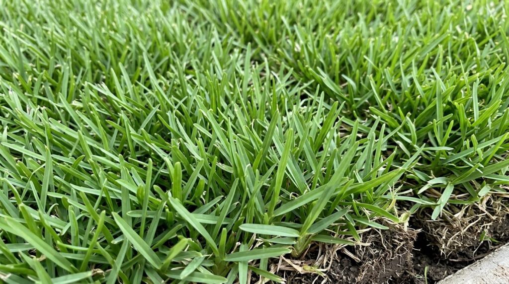 Zoysia Jamur sod close-up showing dense, fine-textured green turf blades.