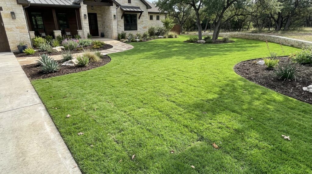 Zoysia Jamur sod rolls freshly laid in neat seams, showing dense green turf during sod installation.