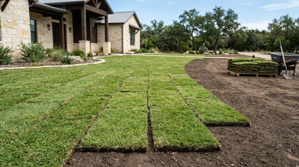 Zoysia Jamur sod rolls stacked with dense green blades ready for installation.