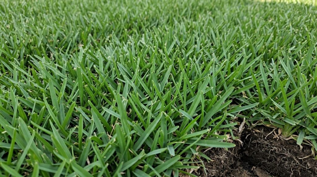 Zoysia Palisades sod close-up showing dense, bright green zoysia blades and thick thatch texture.