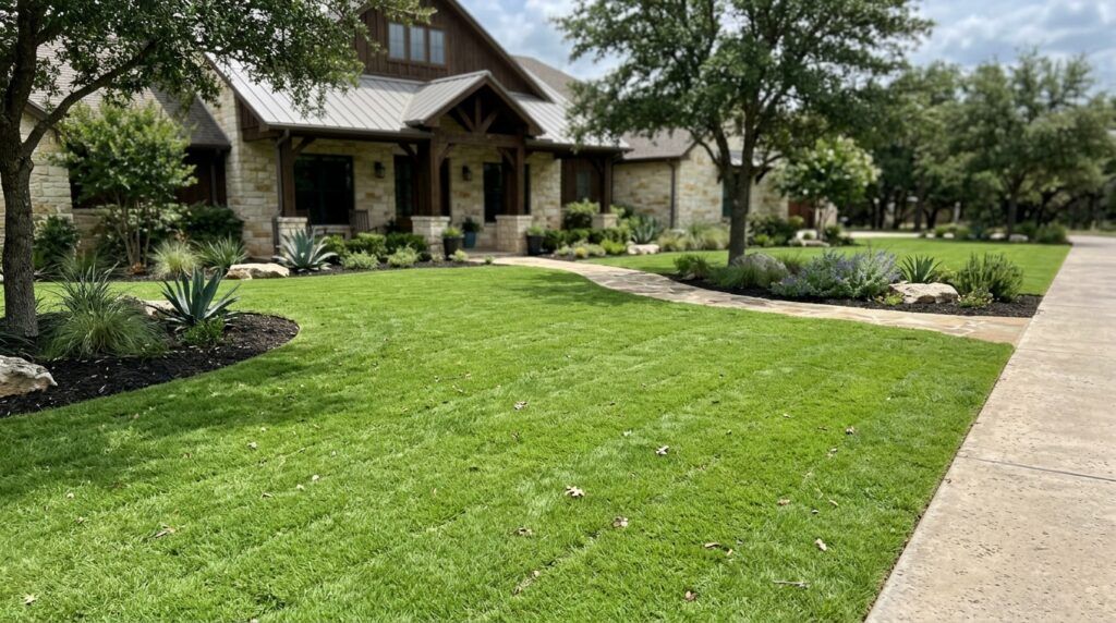 Zoysia Palisades sod with dense, bright green blades in a thick, freshly installed lawn section.