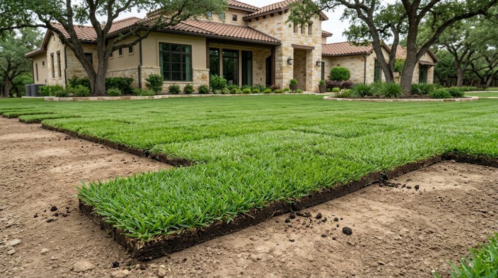 Zoysia Palisades sod rolls stacked on a pallet, showing dense green turf ready for installation.