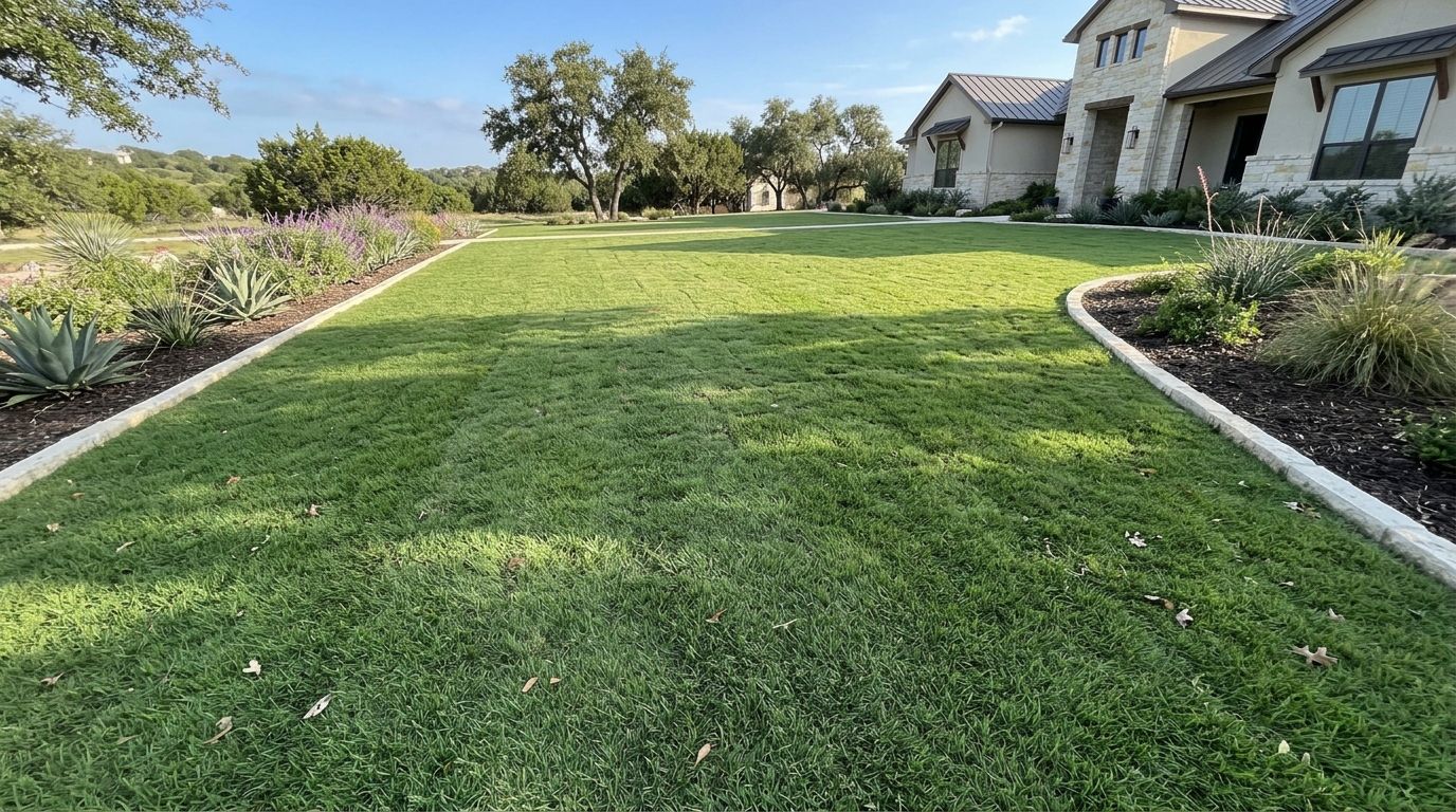 Zoysia Palisades sod installed as thick, vibrant green turf with tight blades across a sunny yard.