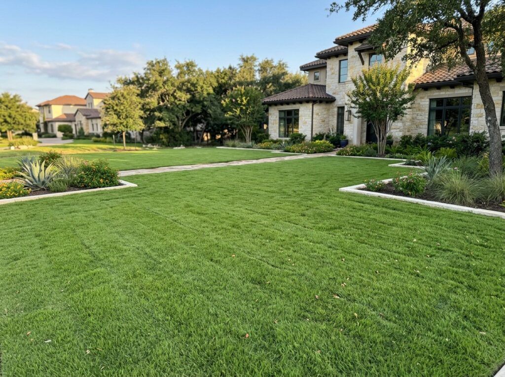 Premium finished lawn with Cavalier Zoysia sod, dense fine-bladed turf and refined smooth finish in a luxury setting, precise bed edging, subtle sod seam lines and slight blade variation that emphasize expert sod installation.