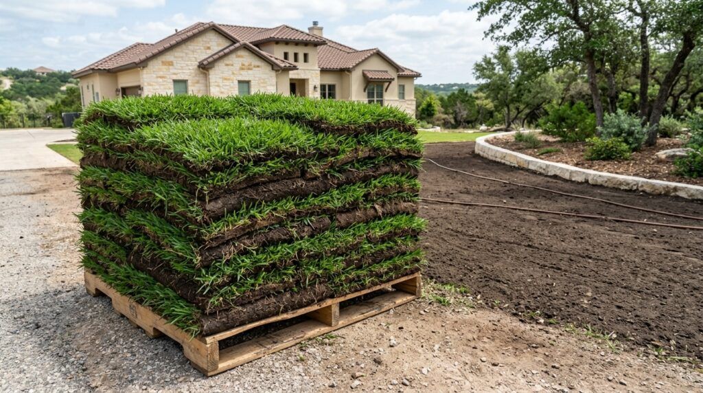 Zoysia Zeon sod with dense, fine-bladed emerald turf in a close-up view of a freshly laid lawn.