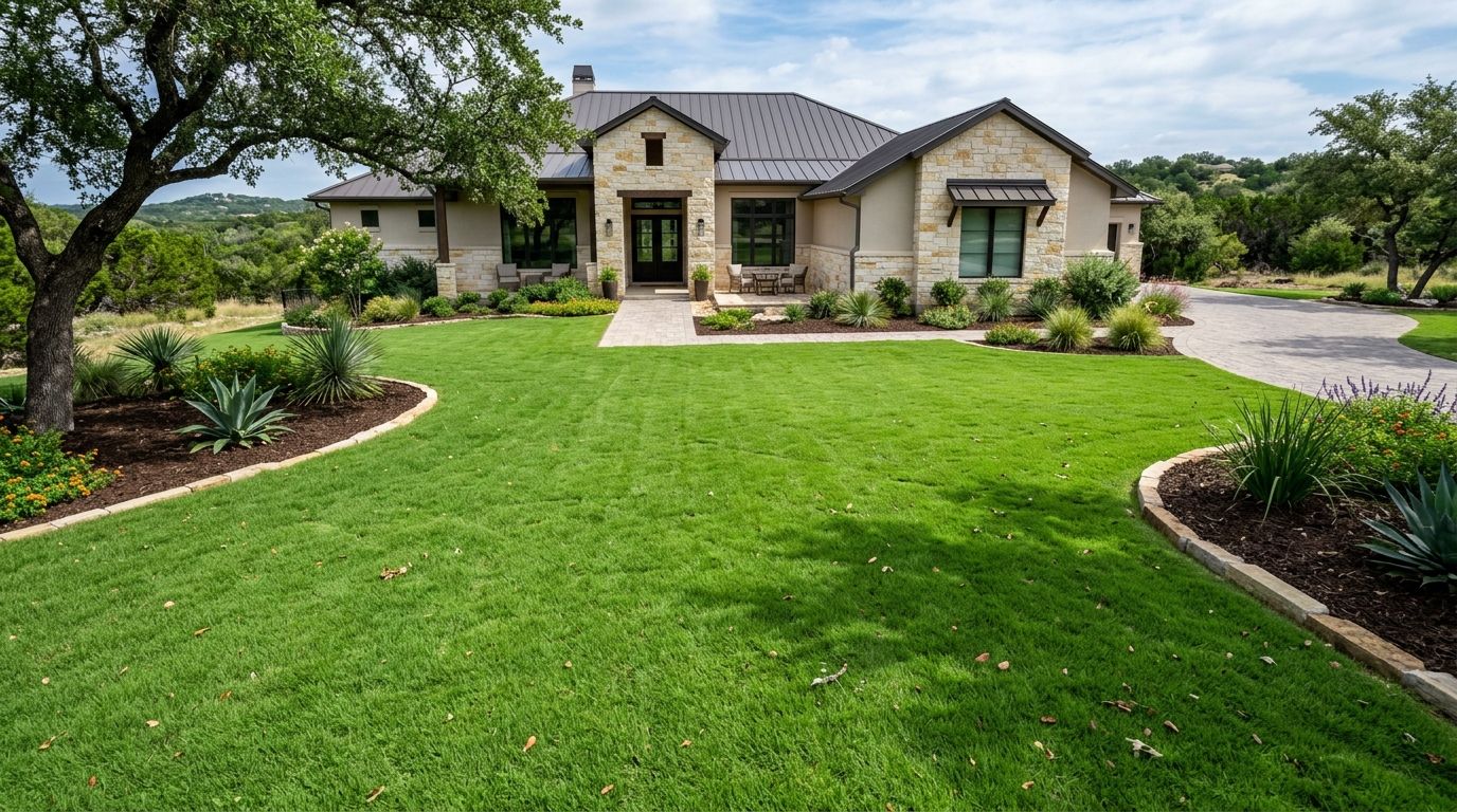 Zoysia Zeon sod installed as lush, fine-bladed green lawn with clean seams along garden edging.