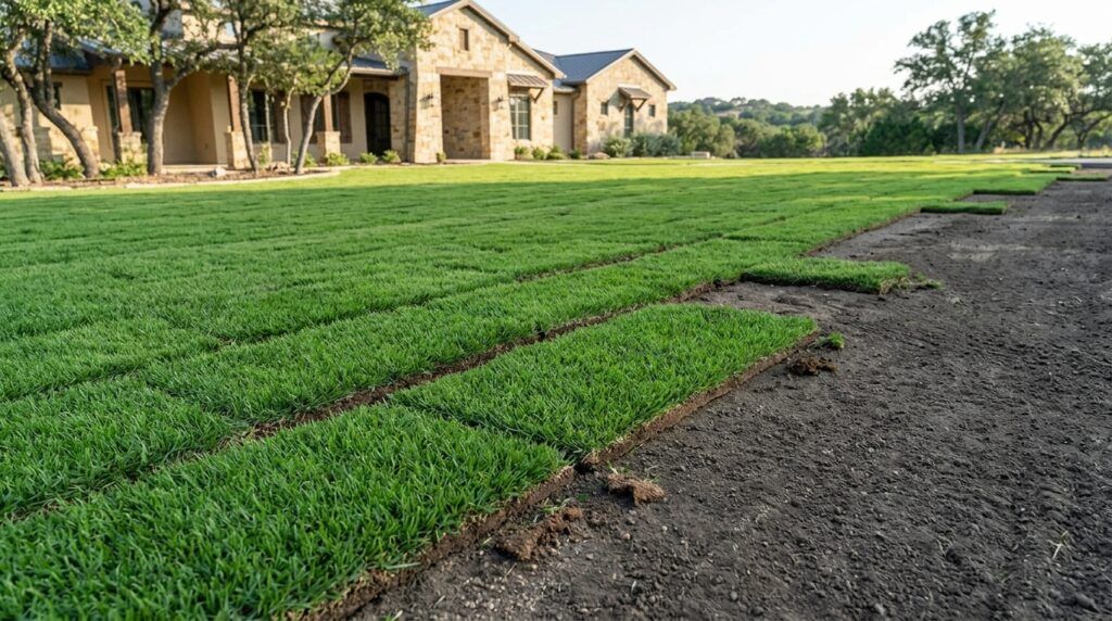 Zoysia Zeon sod rolls freshly laid, showing dense green turf with visible seams.