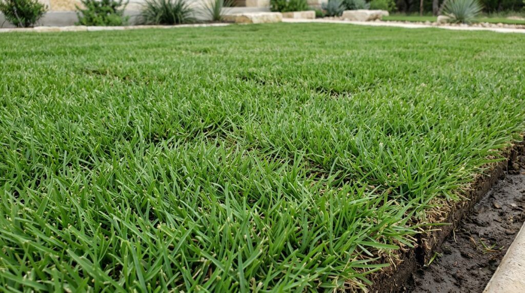 Zoysia Zeon sod rolls freshly laid, dense fine-blade green turf with visible seams on prepared soil.