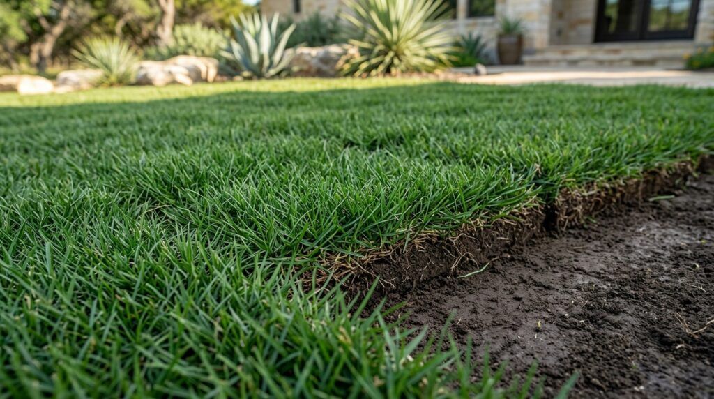Zoysia Zorro sod close-up showing dense, fine-bladed green turf freshly laid with tight seams.