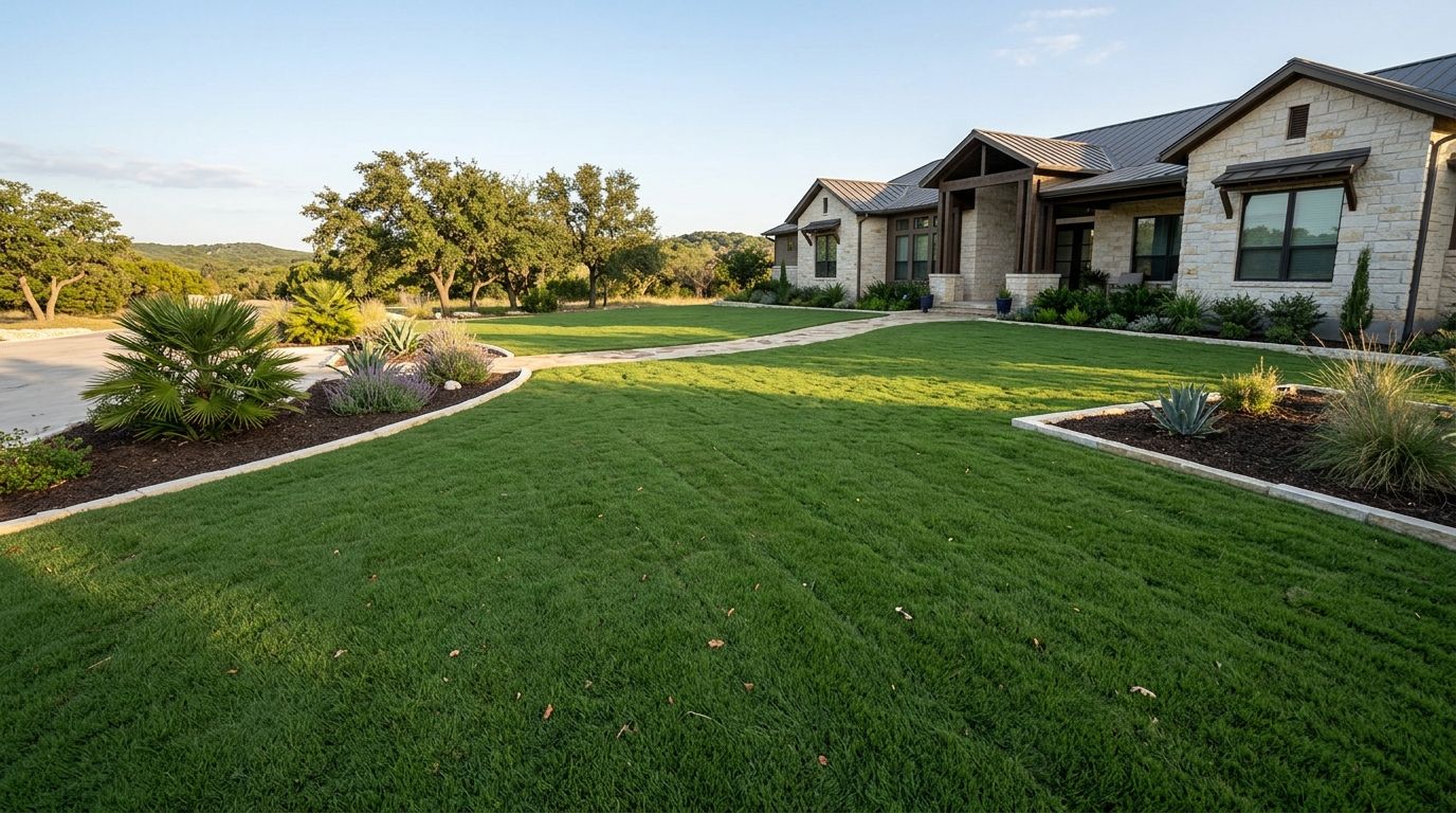 Zoysia Zorro sod installed as a dense, dark green lawn with clean edges along a walkway.