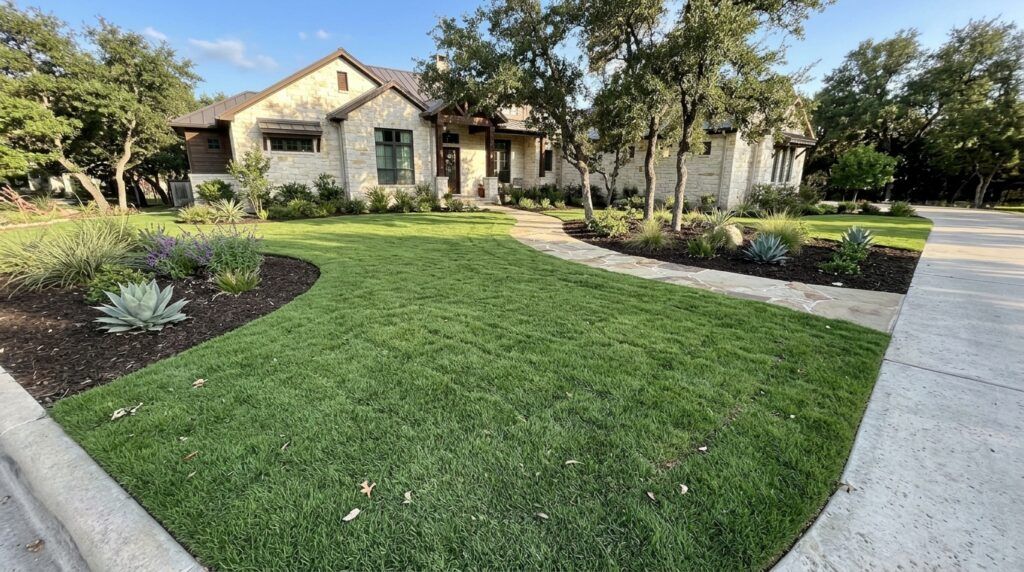 Zoysia Zorro sod rolls stacked with dense dark green blades, ready for installation.