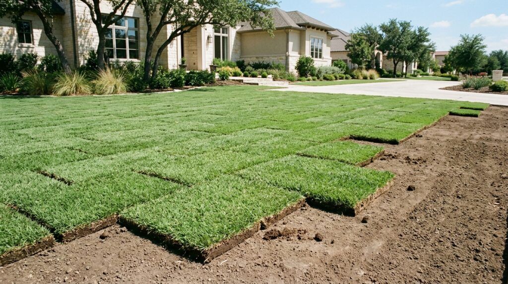 Zoysia Zorro sod rolls stacked on a pallet, showing dense green turf ready for installation.