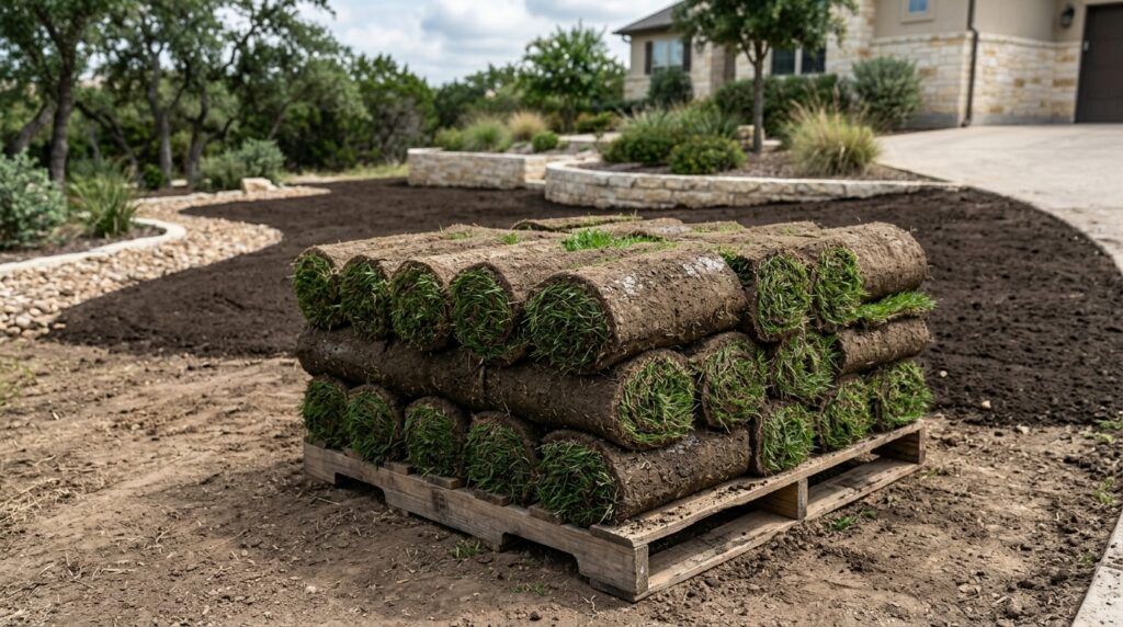 Zoysia Zorro sod rolls stacked on a pallet, showing dense green blades ready for installation.