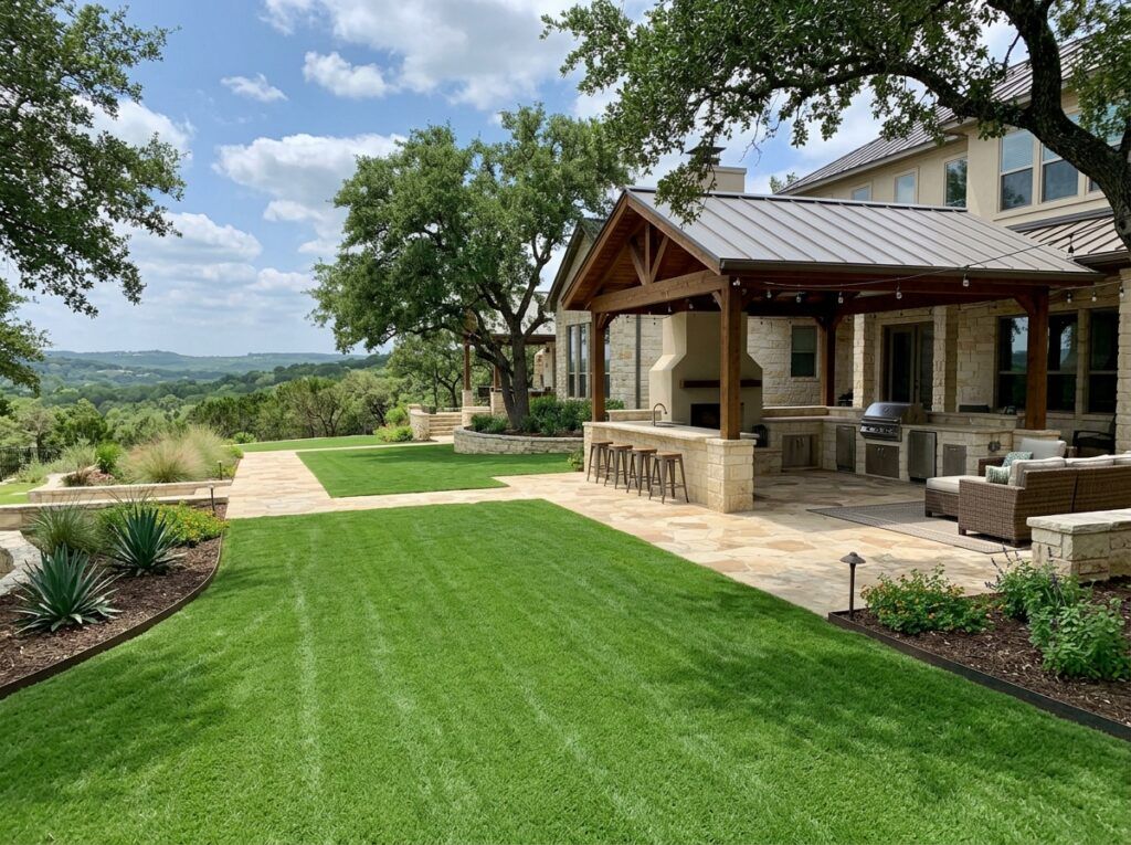 Backyard in Helotes TX with newly installed Bermuda Tahoma 31 sod