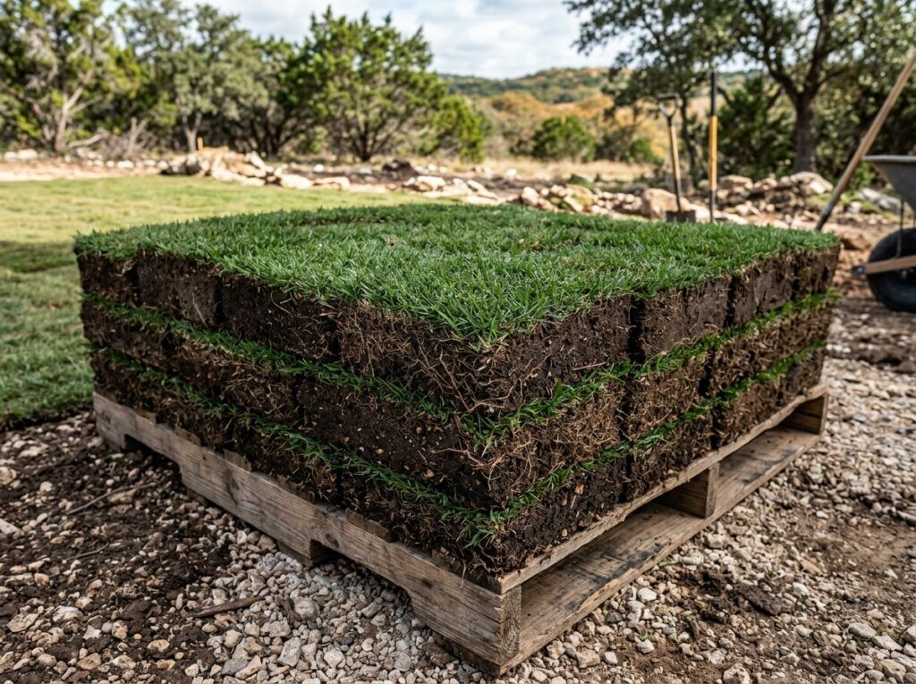 Close-up of Bermuda Tahoma 31 sod pallet with square pieces in Helotes TX