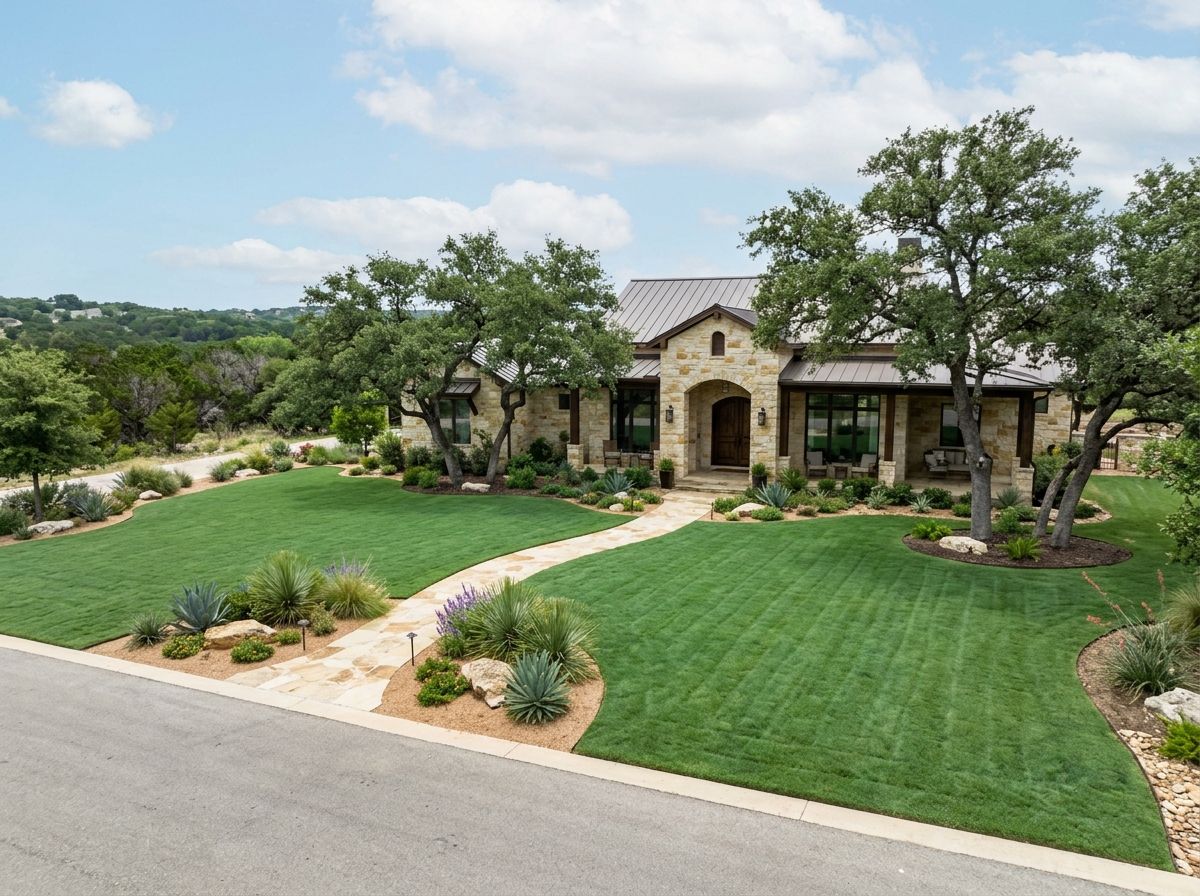 Luxury Helotes TX home with newly installed Buffalo Density sod front lawn