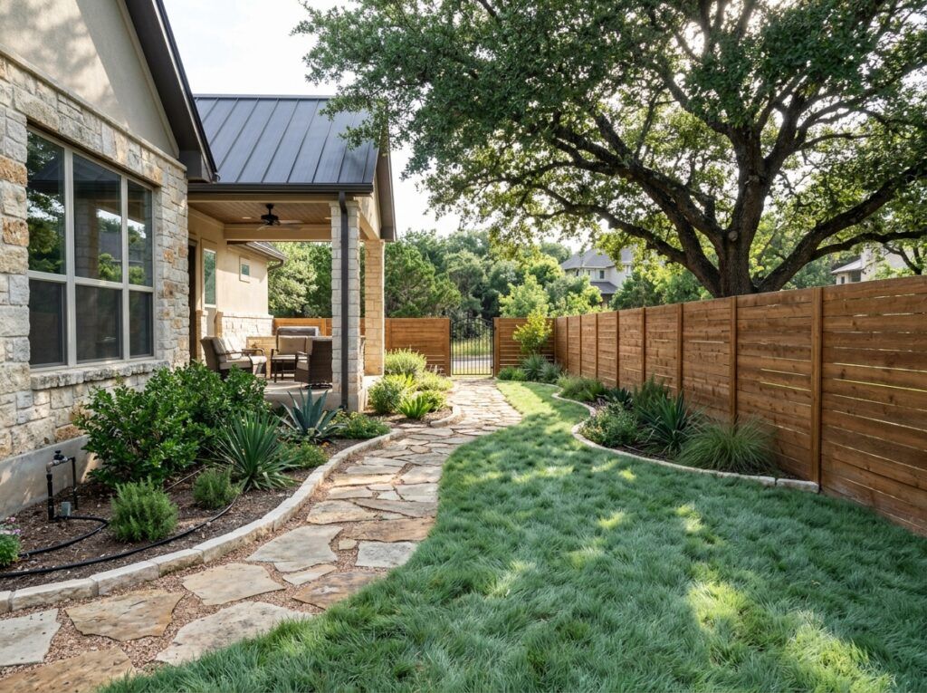 Buffalo Density sod side yard in Helotes Texas home landscape