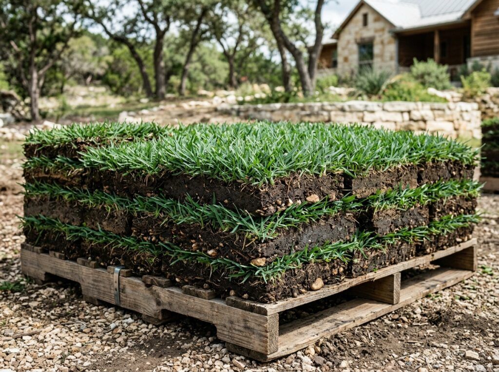 Close-up of Buffalo Density sod pallet with square pieces in Helotes TX