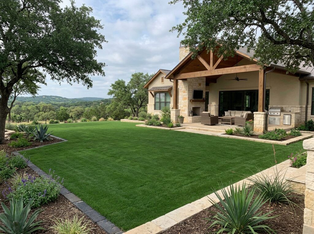 Backyard in Helotes TX with newly installed Zoysia Stadium sod