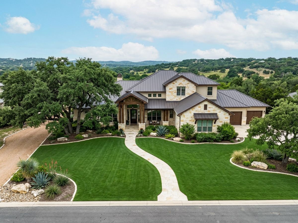 Luxury Helotes TX home with newly installed Zoysia Stadium sod front lawn